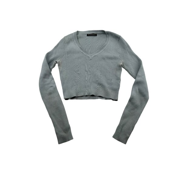 Brandy Melville Light Gray Ribbed V-Neck Cropped Knit Sweater Top #6439 - Picture 1 of 7